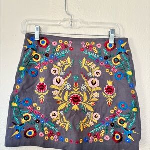 Umgee Gray Mini Skirt with Colorful Embroidery
